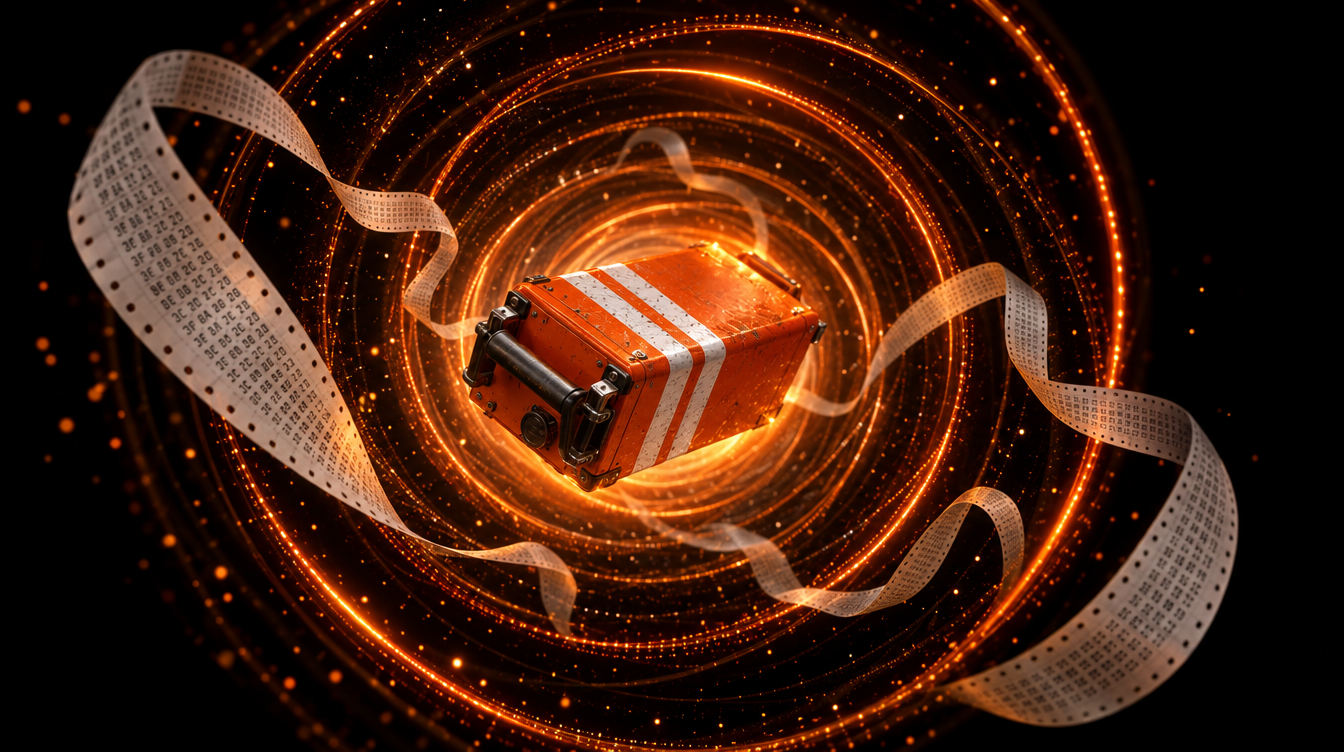 An orange flight recorder floating in a tunnel of orange light rings, a paper tape of hashes curling around it.